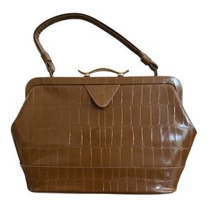 Vintage 1950s Brown Croc Embossed Frane Handbag Gold Hardware SMCO Zipper